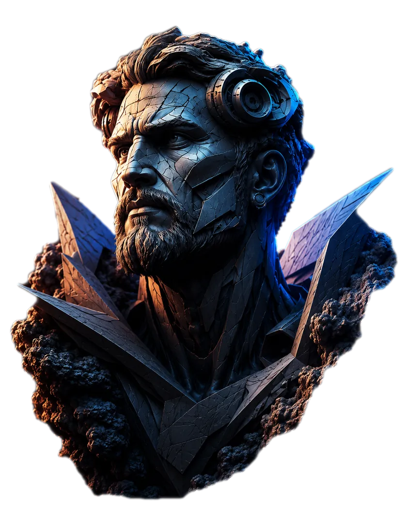 Futuristic stone and metal bust representing a strong search identity.