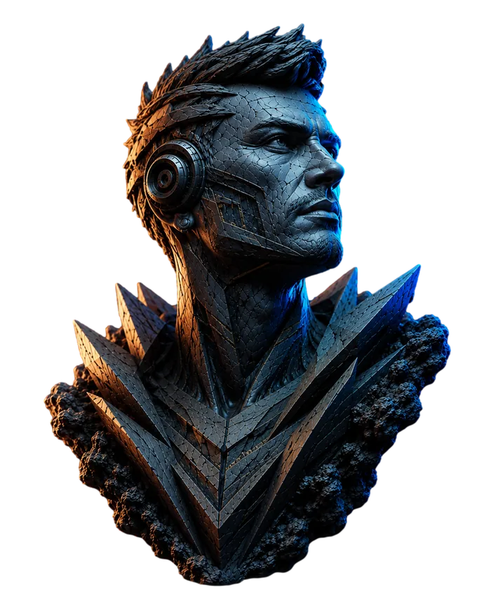 Futuristic male stone and metal sculpture looking towards the page content.