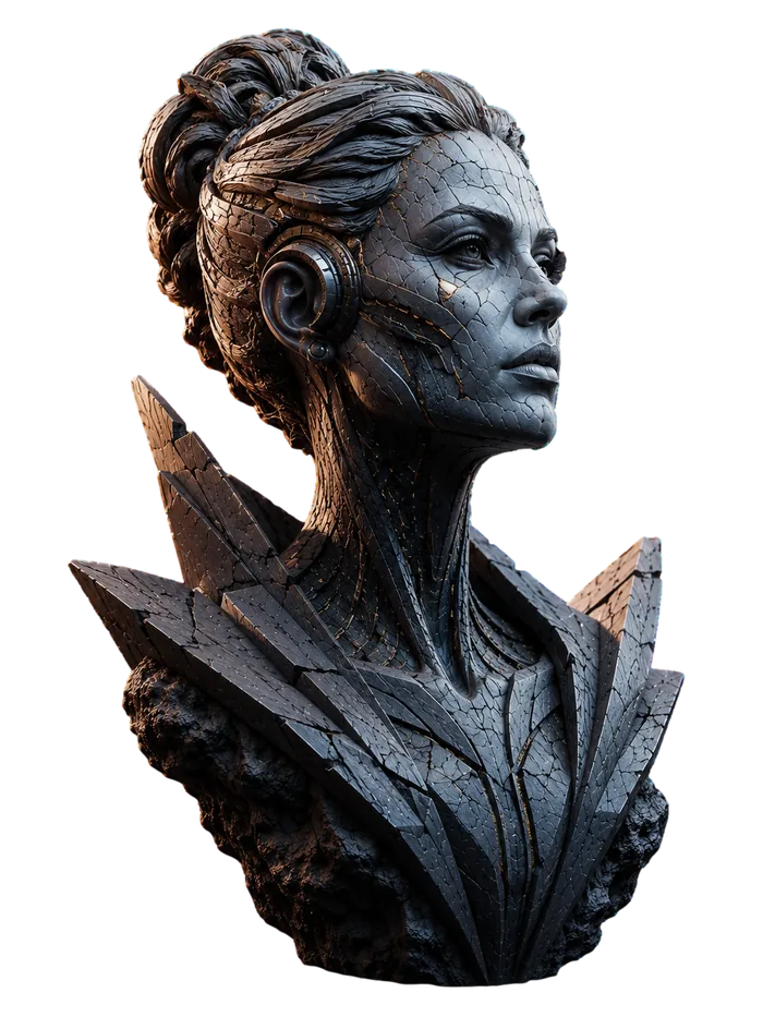 Futuristic female stone and metal sculpture representing progress.