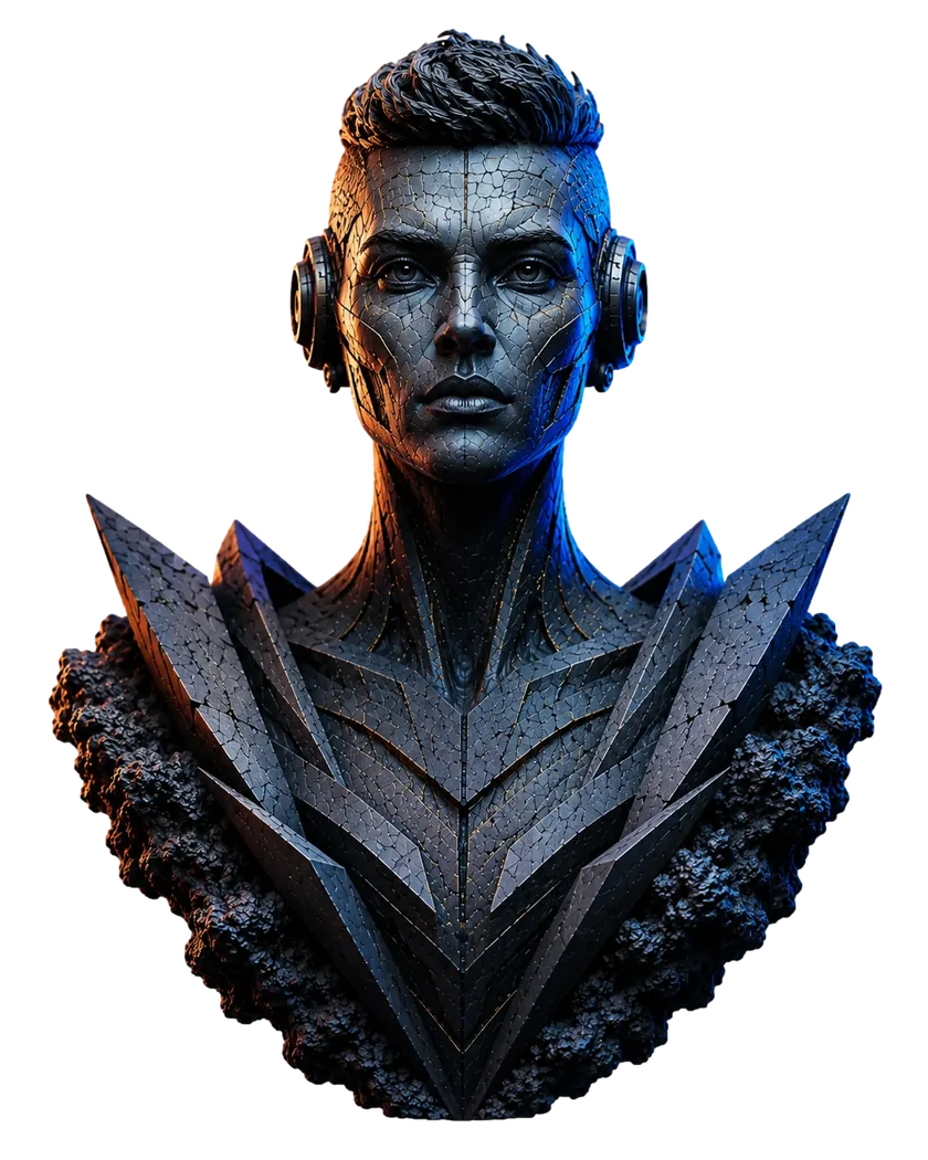 Futuristic stone and metal bust representing a strong search identity.