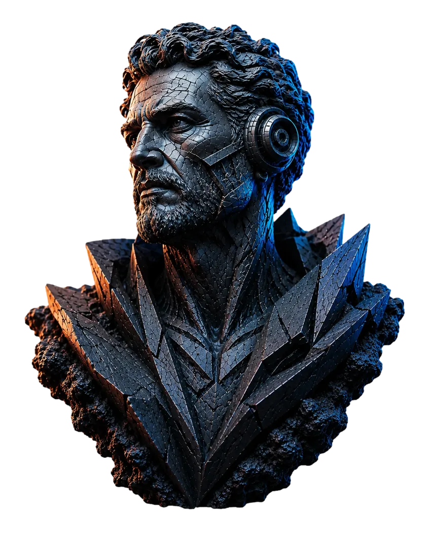 Futuristic stone and metal bust representing a strong search identity.
