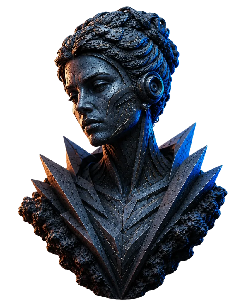 Futuristic stone and metal bust representing a strong search identity.