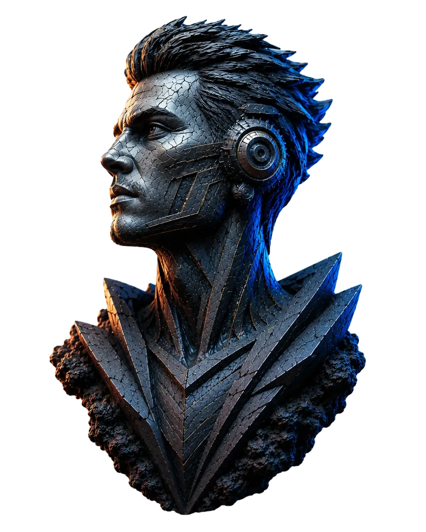 Futuristic stone and metal bust representing a strong search identity.