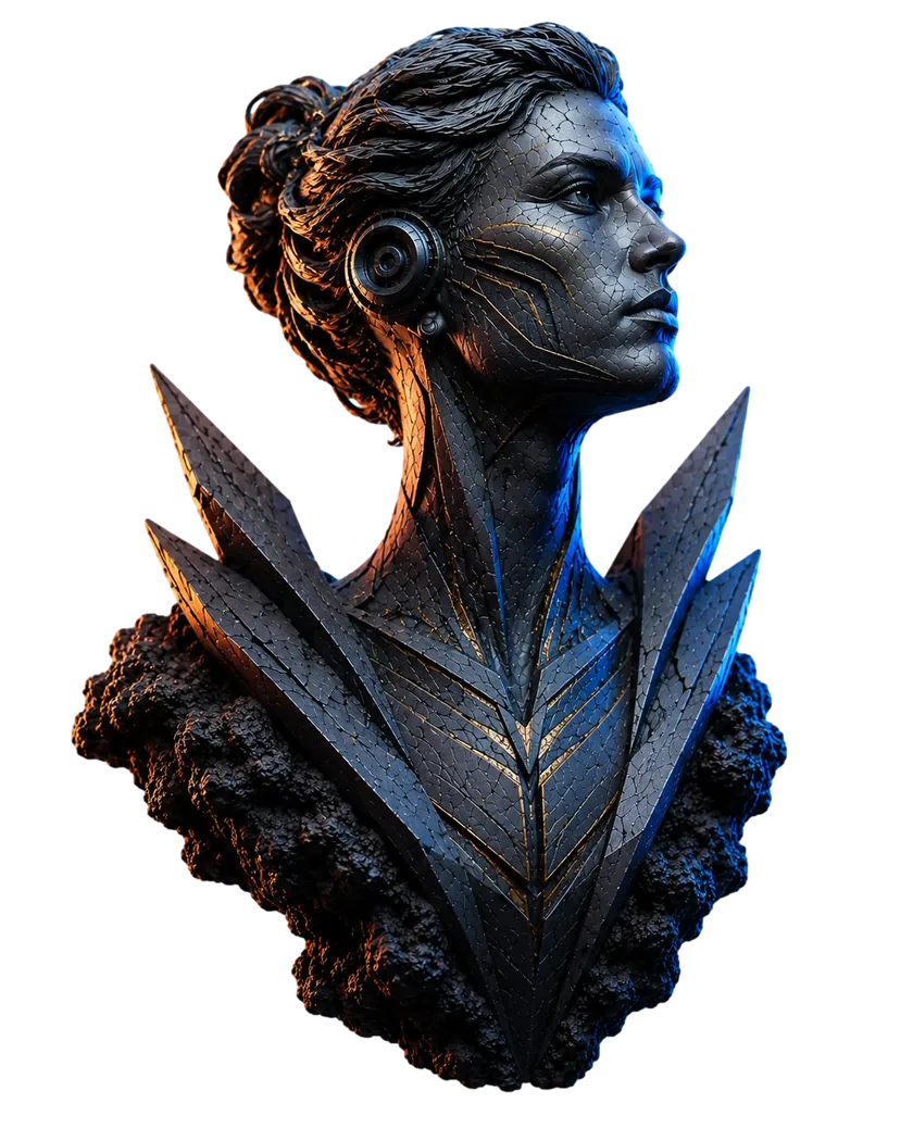Futuristic stone and metal bust representing a strong search identity.