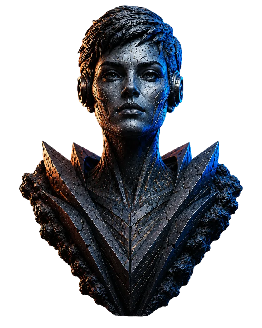 Futuristic stone and metal bust representing a strong search identity.