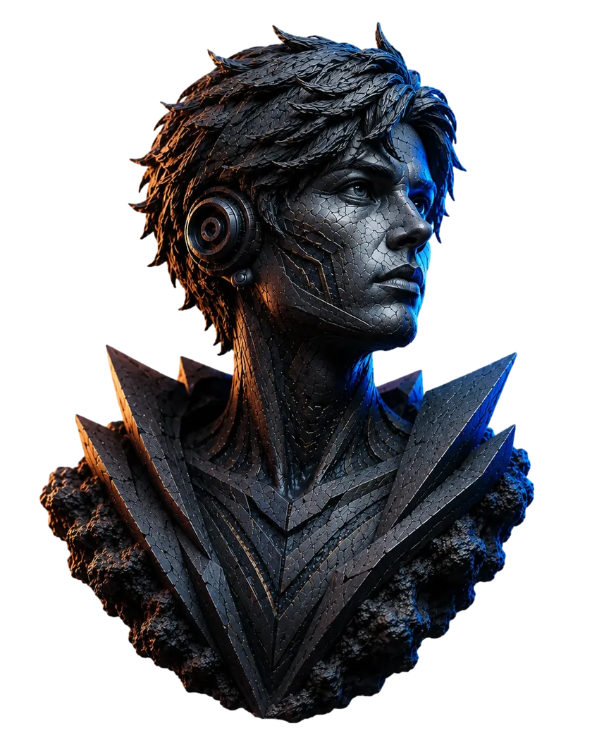 Futuristic stone and metal bust representing a strong search identity.